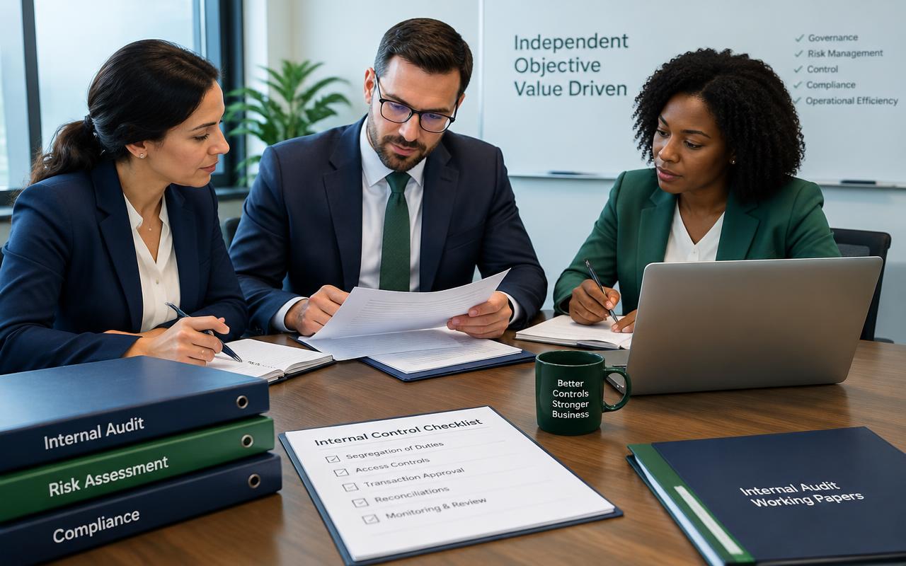 Internal audit team reviewing documentation and an internal control checklist