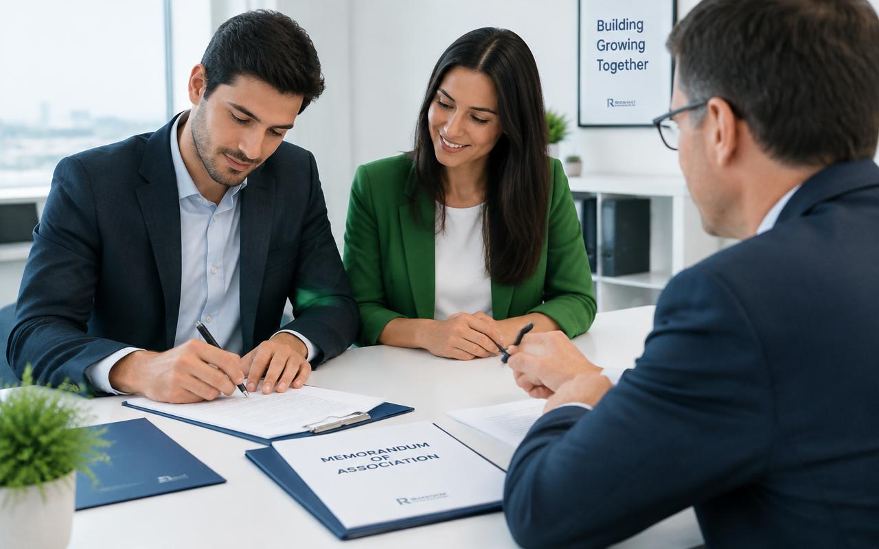 Founders signing memorandum of association documents with a consultant