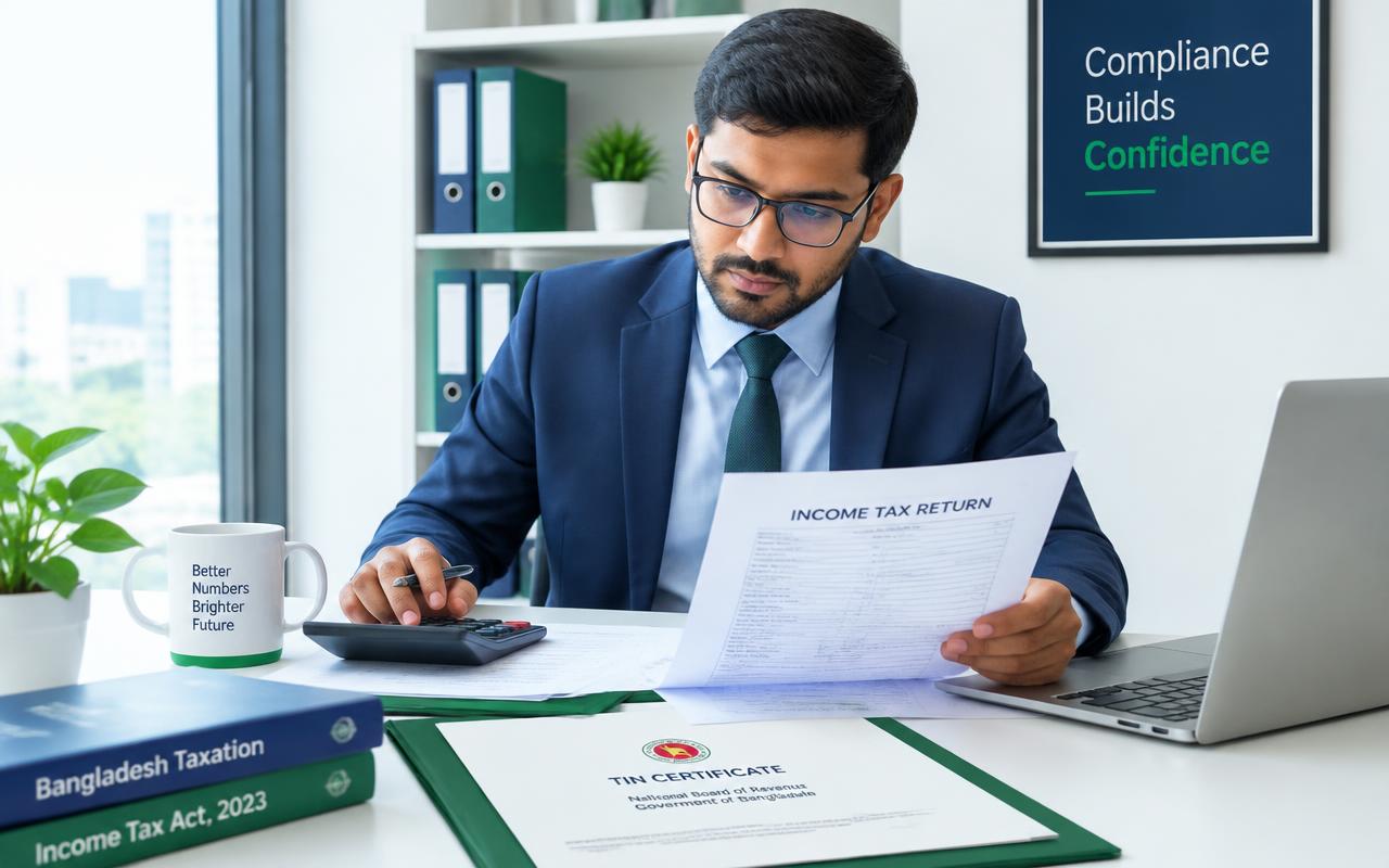 Tax consultant reviewing an income tax return and TIN certificate at an office desk