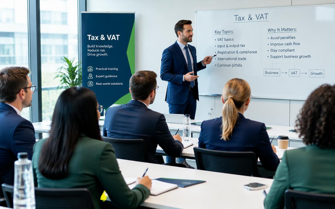 Trainer conducting a corporate tax and VAT session for finance professionals
